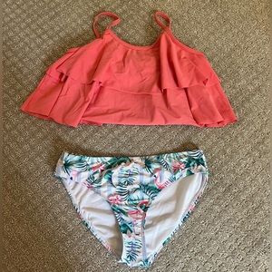 Girl 10/12 bathing suit / pink top / tropical print full coverage bottoms